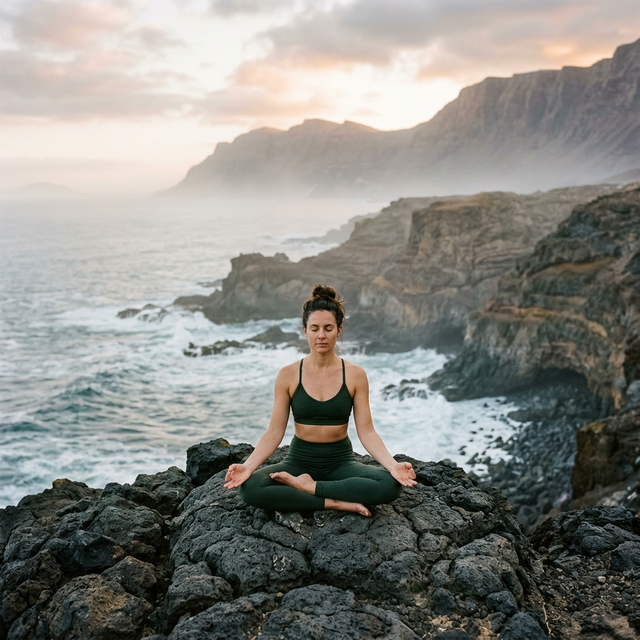 Yoga meditation on volcanic rocks in the Canary Islands