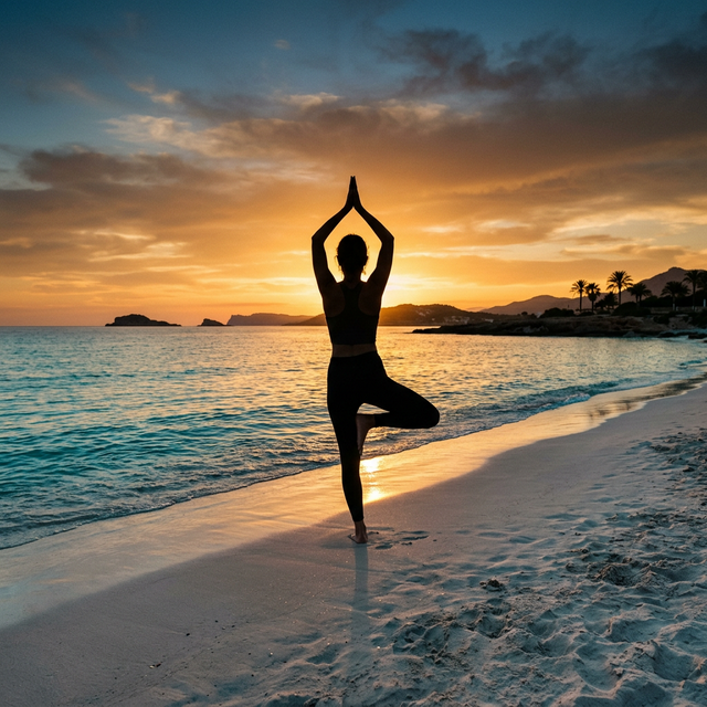 Yoga at sunset on a Mediterranean beach