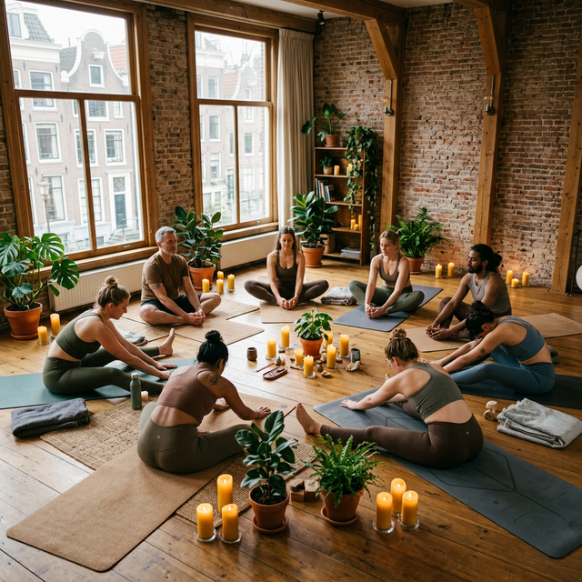 Candlelit yoga event in an Amsterdam loft